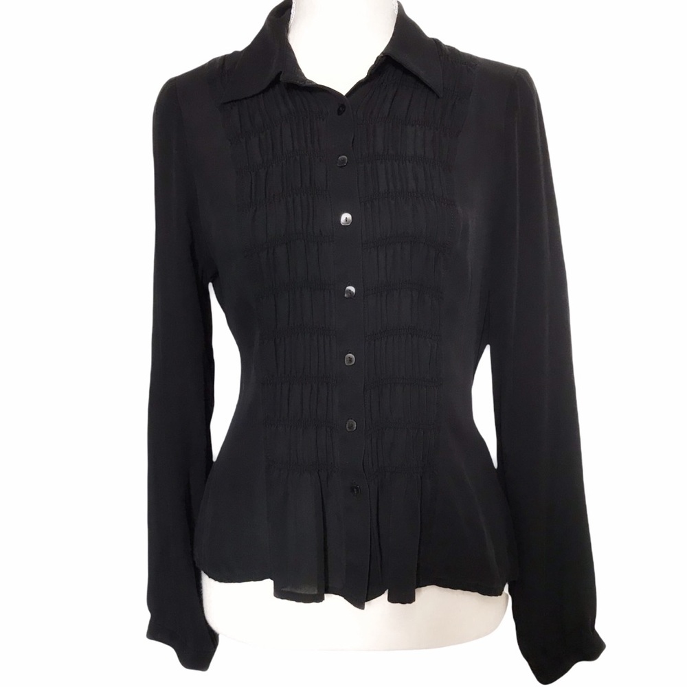 TEENFLO MAURICE TARICA 100% SILK BLACK RUFFLE LONG SLEEVE BUTTON UP BLOUSE - M